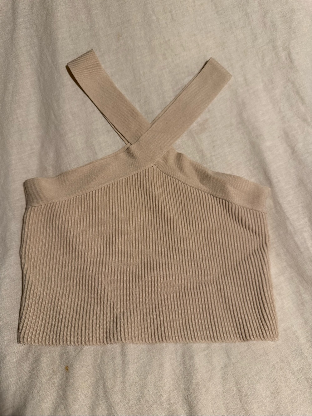 Ribbed Halter Cross-Back Tank Top in Light Beige